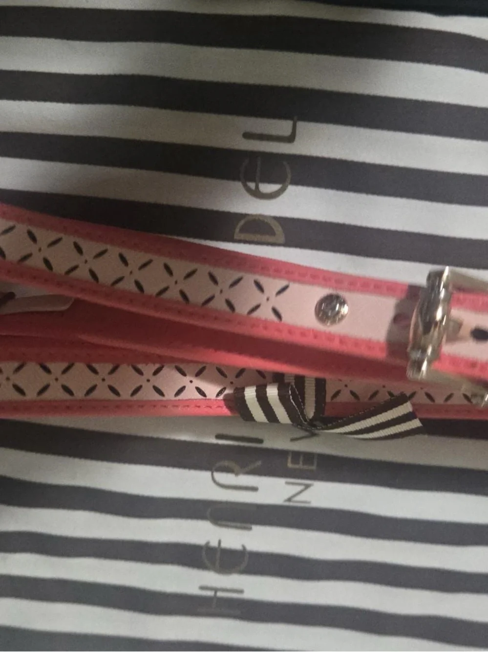 henri bendel Coral Pink Leather Dog Leash with Striped Bow